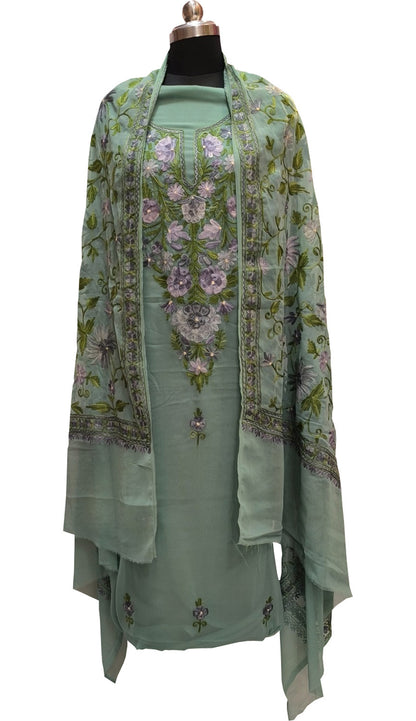 Elegant Green Kashmiri Aari Work Georgette Three Piece Unstitched Suit Set - Luxurion World