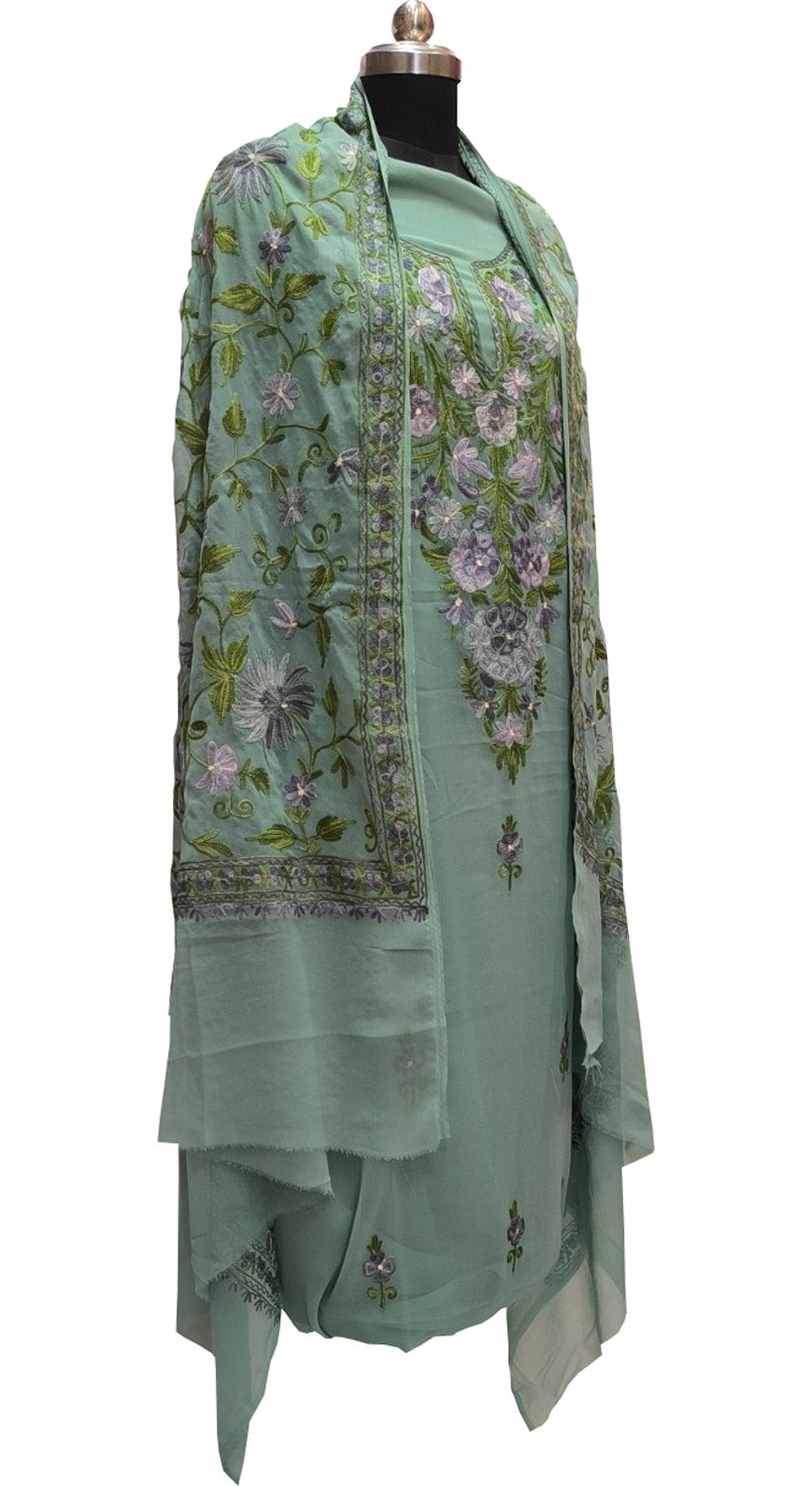 Elegant Green Kashmiri Aari Work Georgette Three Piece Unstitched Suit Set - Luxurion World