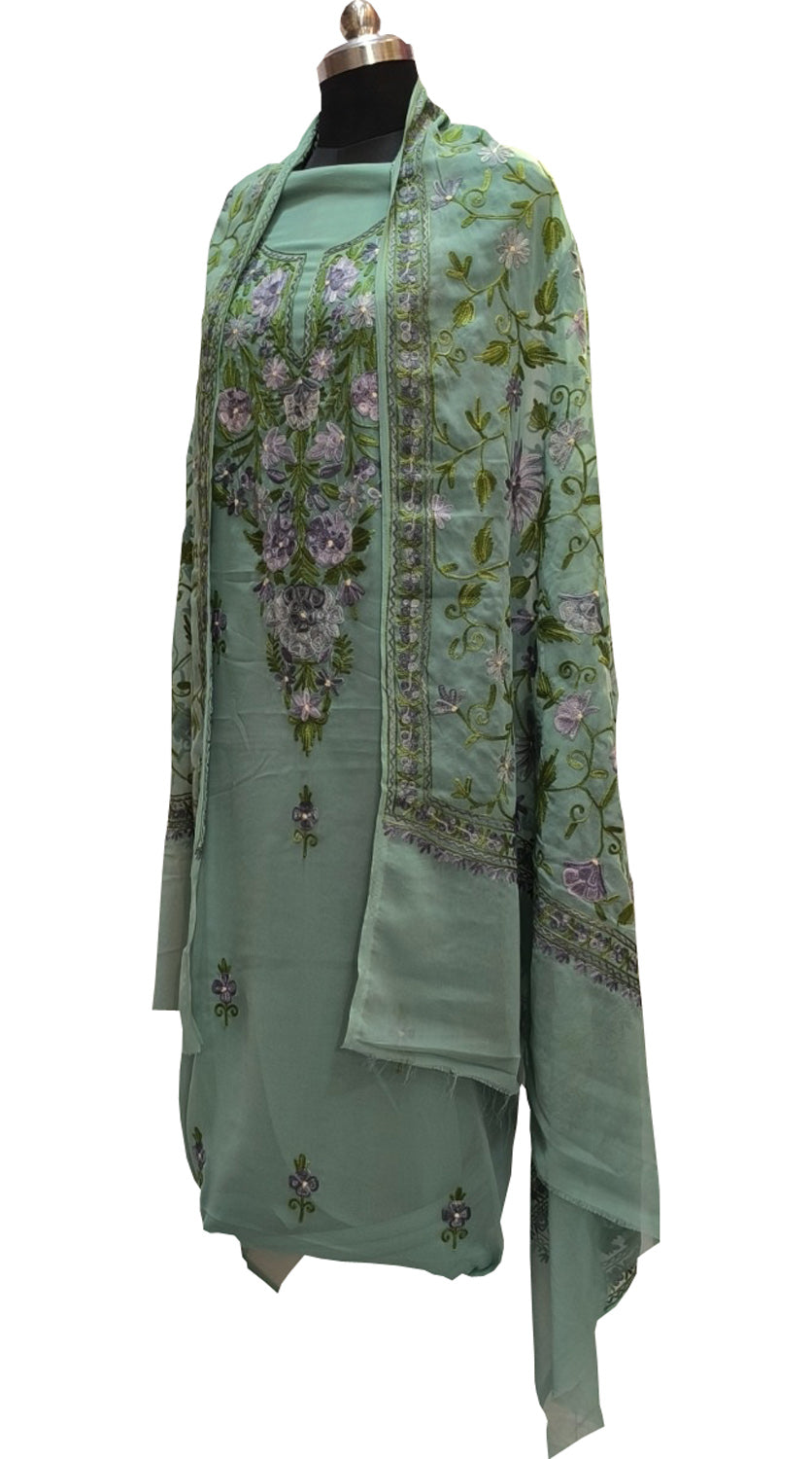 Elegant Green Kashmiri Aari Work Georgette Three Piece Unstitched Suit Set - Luxurion World