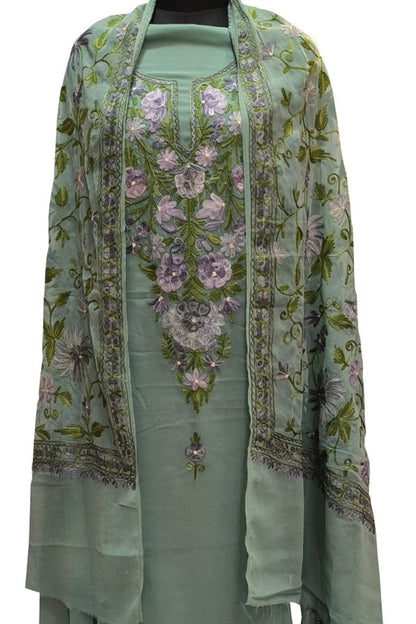 Elegant Green Kashmiri Aari Work Georgette Three Piece Unstitched Suit Set - Luxurion World