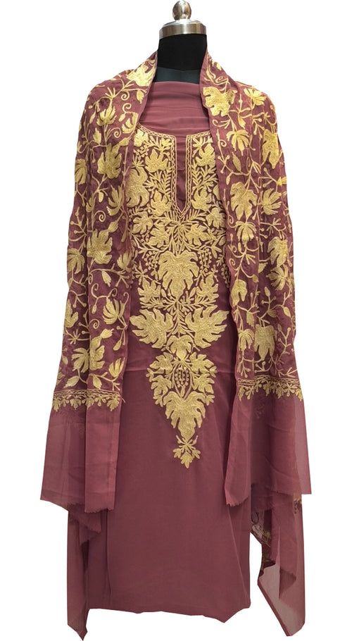 Elegant Pink Kashmiri Aari Work Georgette Three Piece Unstitched Suit Set - Luxurion World