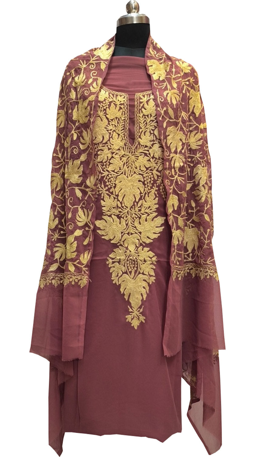 Elegant Pink Kashmiri Aari Work Georgette Three Piece Unstitched Suit Set - Luxurion World