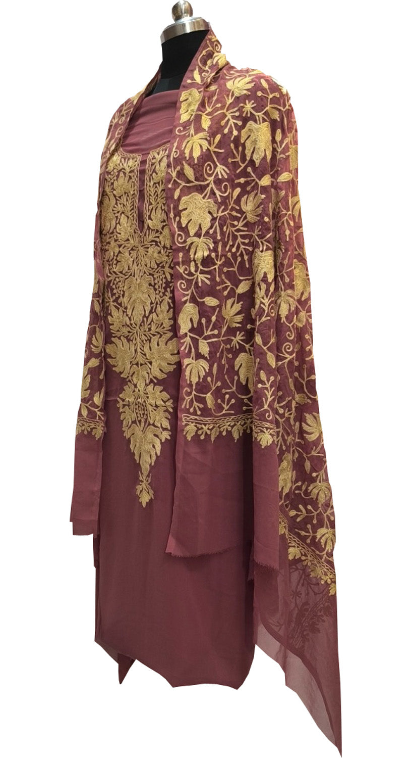 Elegant Pink Kashmiri Aari Work Georgette Three Piece Unstitched Suit Set - Luxurion World
