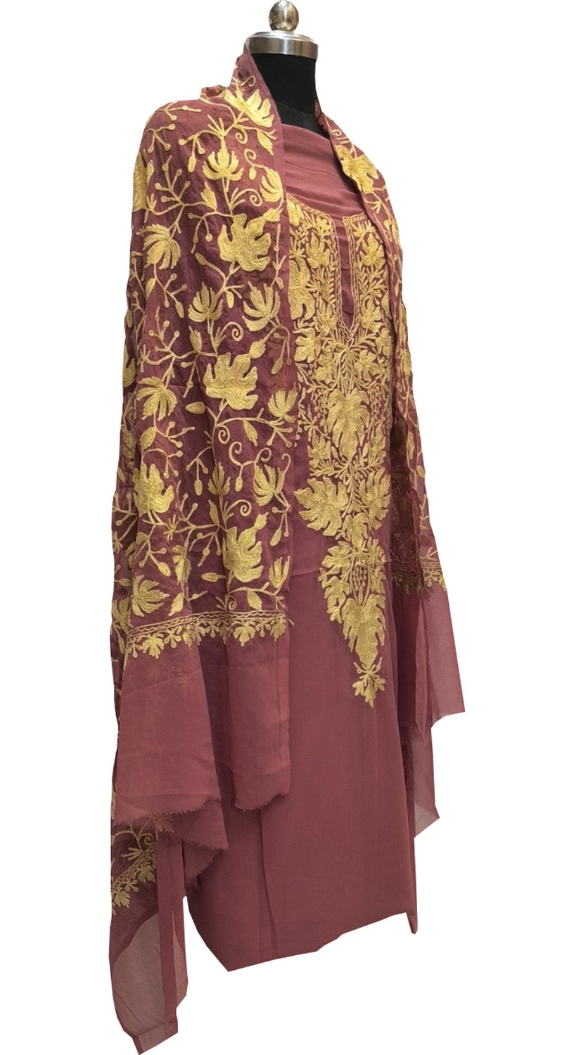Elegant Pink Kashmiri Aari Work Georgette Three Piece Unstitched Suit Set - Luxurion World