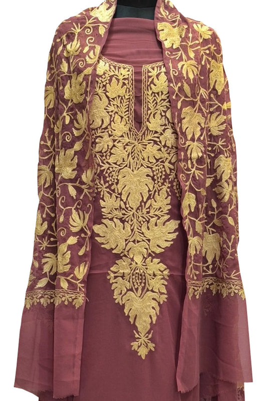 Elegant Pink Kashmiri Aari Work Georgette Three Piece Unstitched Suit Set - Luxurion World