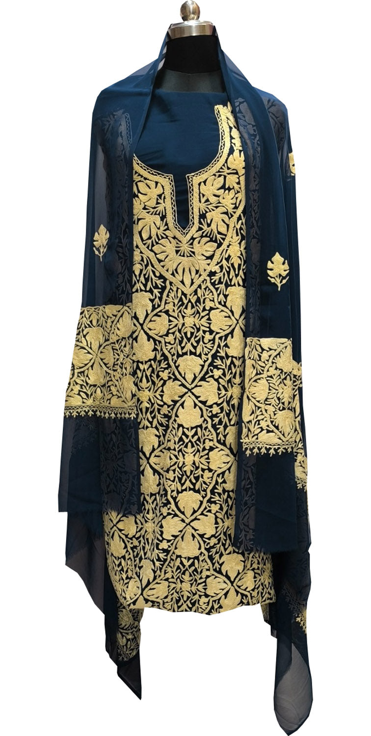 Elegant Blue Kashmiri Aari Work Georgette Three Piece Unstitched Suit Set - Luxurion World