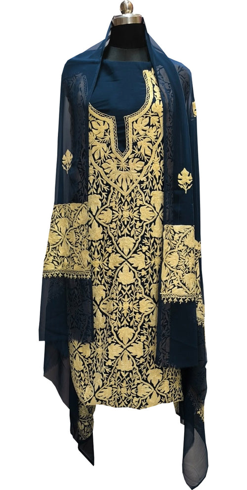 Elegant Blue Kashmiri Aari Work Georgette Three Piece Unstitched Suit Set - Luxurion World