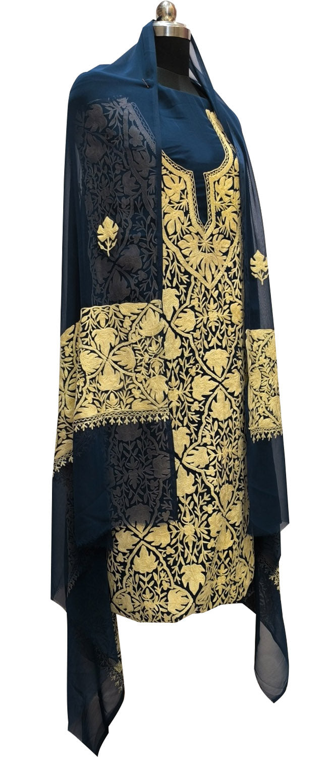 Elegant Blue Kashmiri Aari Work Georgette Three Piece Unstitched Suit Set - Luxurion World