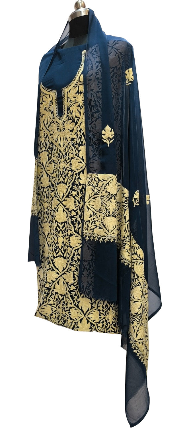Elegant Blue Kashmiri Aari Work Georgette Three Piece Unstitched Suit Set - Luxurion World