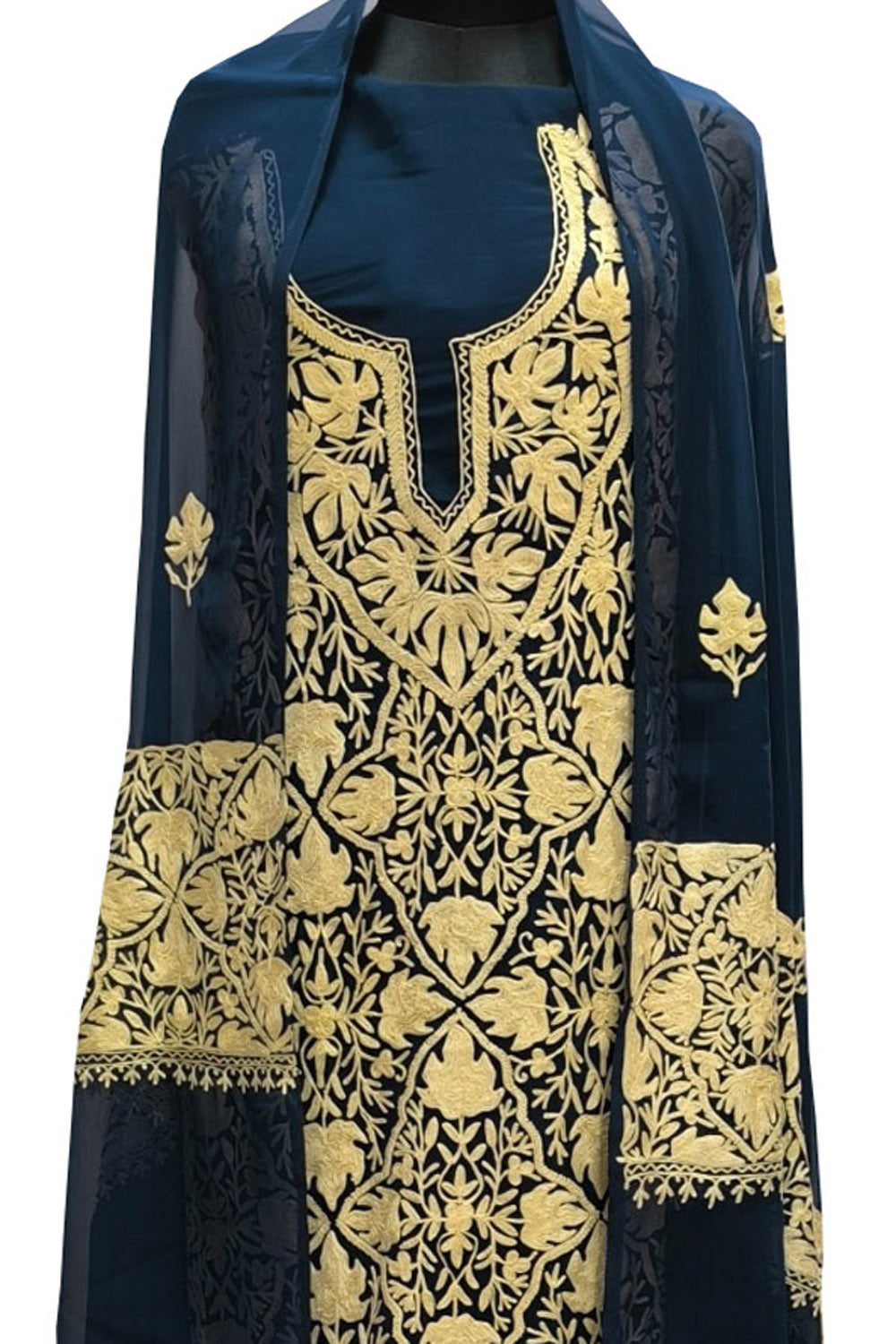 Elegant Blue Kashmiri Aari Work Georgette Three Piece Unstitched Suit Set - Luxurion World