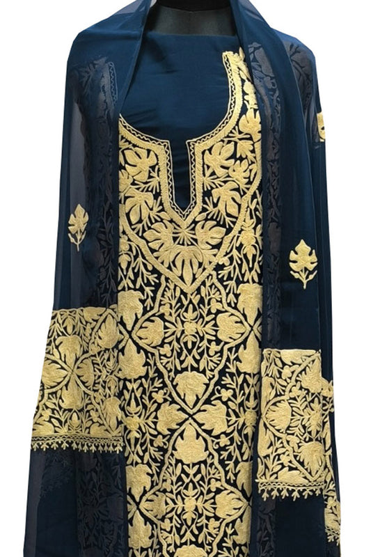 Elegant Blue Kashmiri Aari Work Georgette Three Piece Unstitched Suit Set - Luxurion World