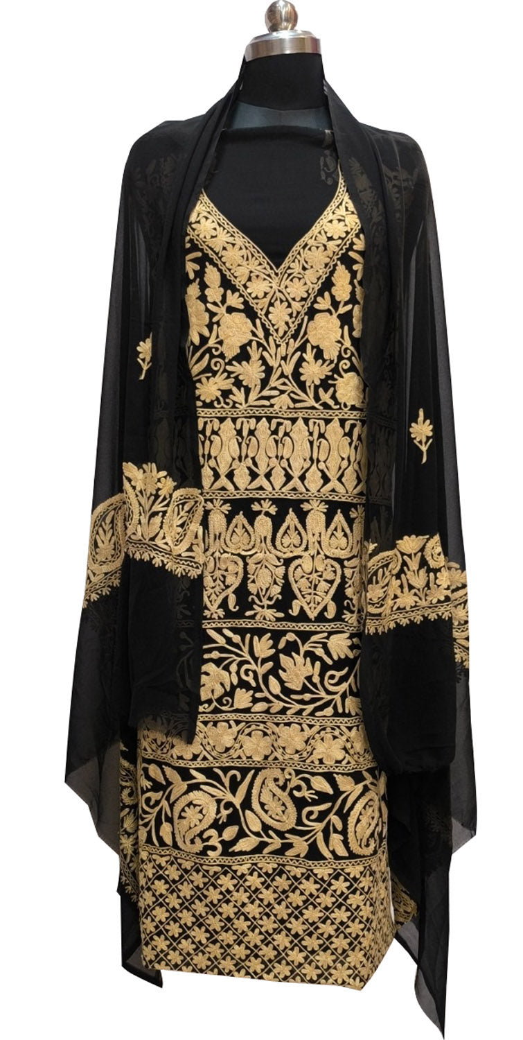 Elegant Black Kashmiri Aari Work Georgette Three Piece Unstitched Suit Set - Luxurion World
