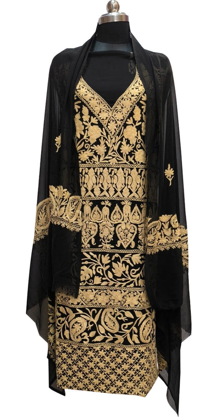 Elegant Black Kashmiri Aari Work Georgette Three Piece Unstitched Suit Set - Luxurion World