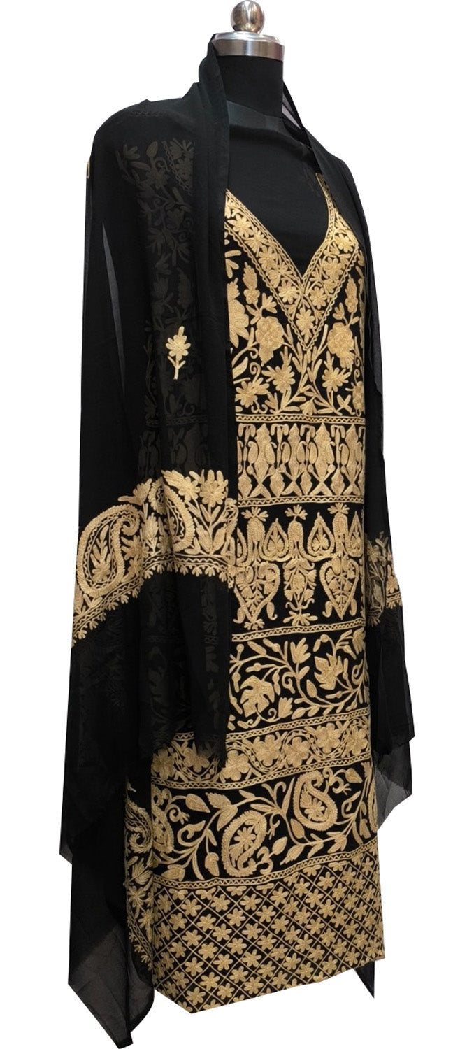 Elegant Black Kashmiri Aari Work Georgette Three Piece Unstitched Suit Set - Luxurion World