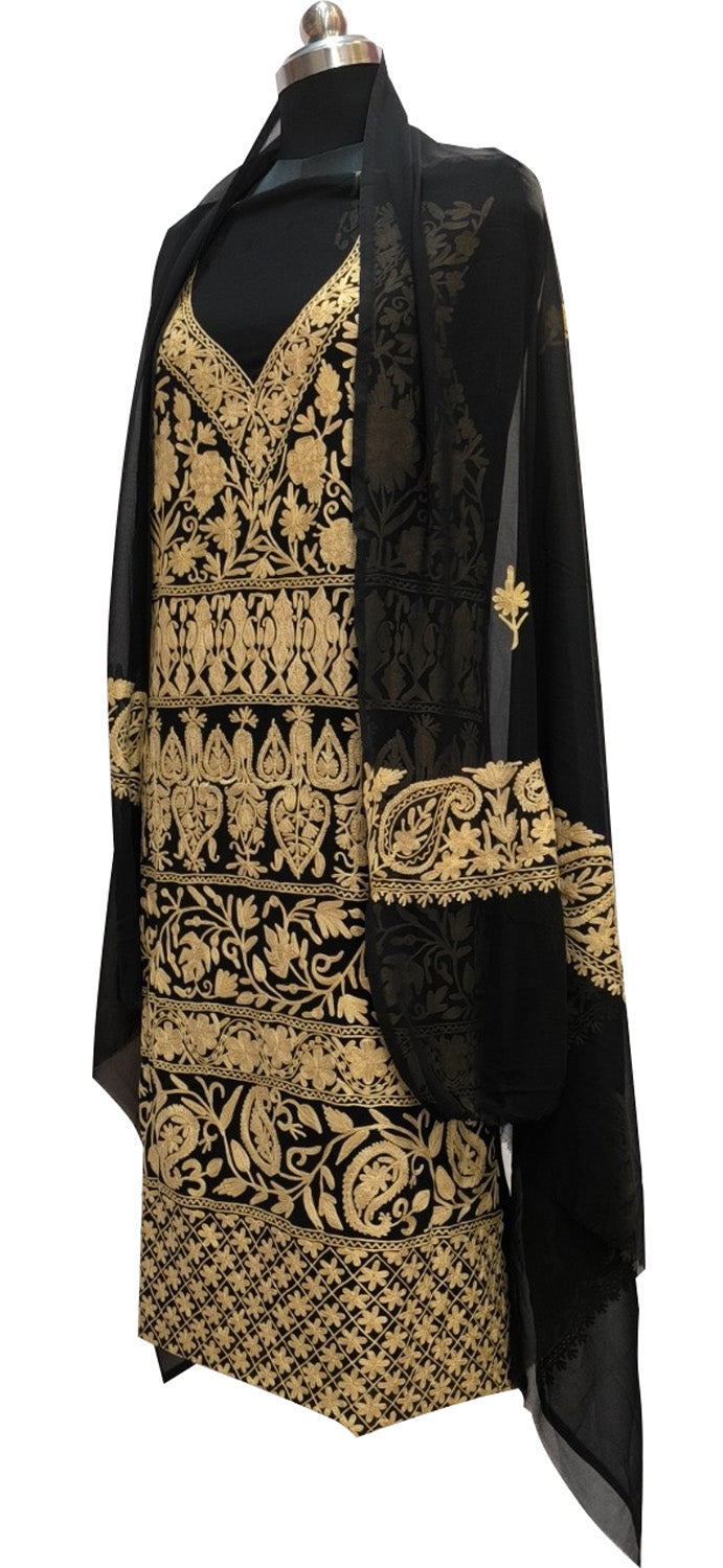 Elegant Black Kashmiri Aari Work Georgette Three Piece Unstitched Suit Set - Luxurion World