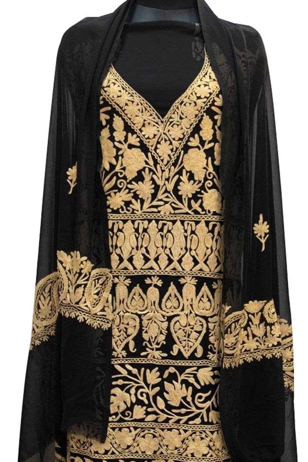Elegant Black Kashmiri Aari Work Georgette Three Piece Unstitched Suit Set - Luxurion World