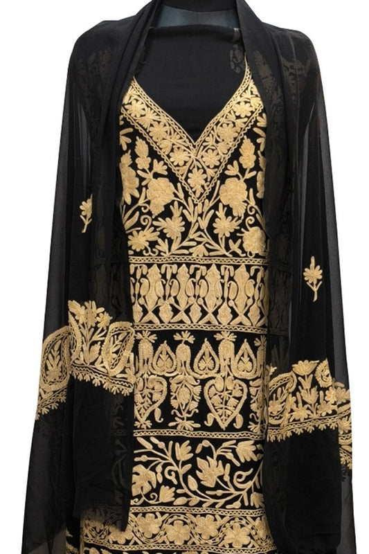 Elegant Black Kashmiri Aari Work Georgette Three Piece Unstitched Suit Set - Luxurion World