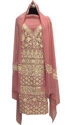 Elegant Pink Kashmiri Aari Work Georgette Three Piece Unstitched Suit Set - Luxurion World