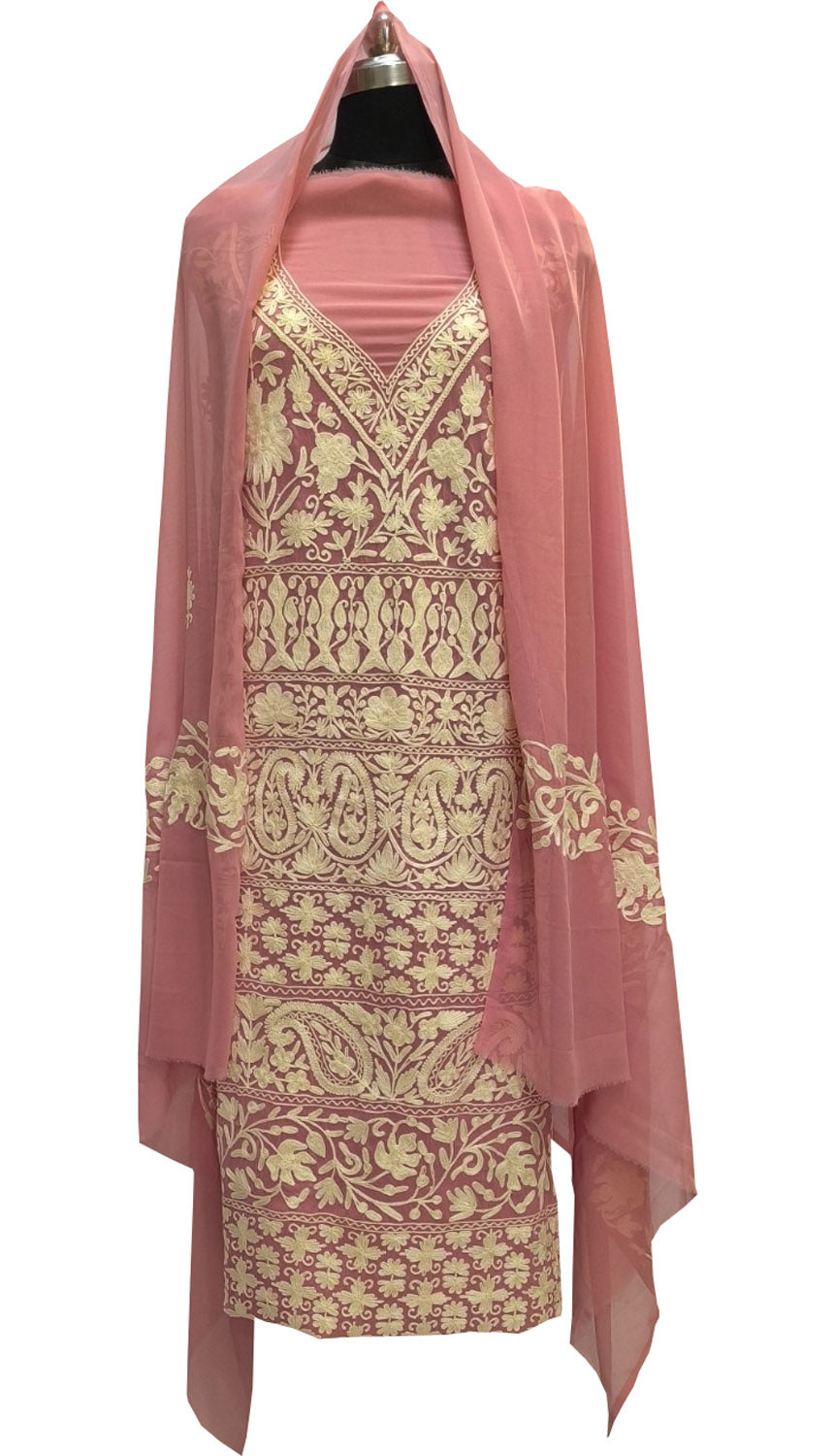 Elegant Pink Kashmiri Aari Work Georgette Three Piece Unstitched Suit Set - Luxurion World