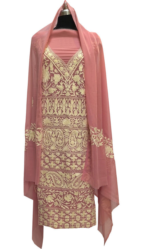 Elegant Pink Kashmiri Aari Work Georgette Three Piece Unstitched Suit Set - Luxurion World