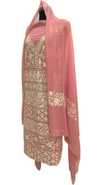 Elegant Pink Kashmiri Aari Work Georgette Three Piece Unstitched Suit Set - Luxurion World