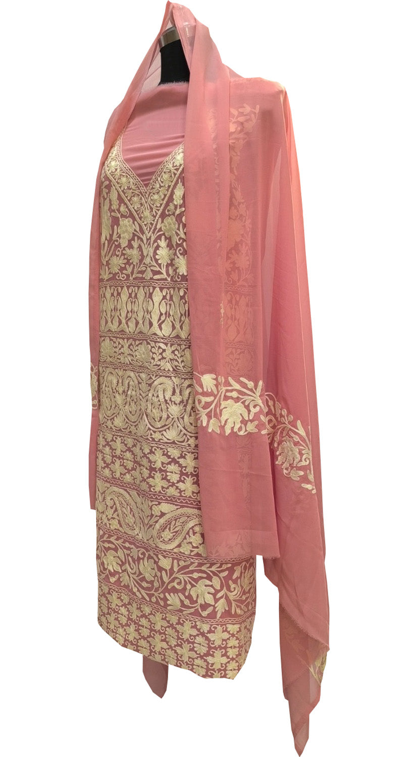 Elegant Pink Kashmiri Aari Work Georgette Three Piece Unstitched Suit Set - Luxurion World