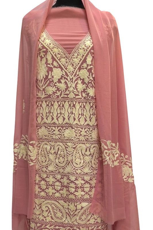 Elegant Pink Kashmiri Aari Work Georgette Three Piece Unstitched Suit Set - Luxurion World