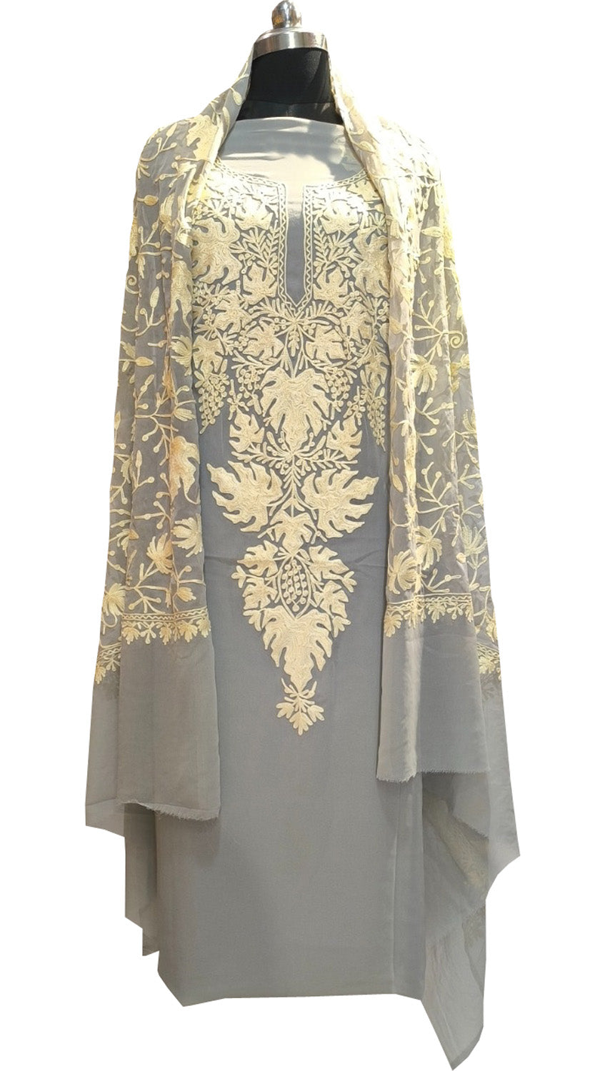 Elegant Grey Kashmiri Aari Work Georgette Three Piece Unstitched Suit Set - Luxurion World