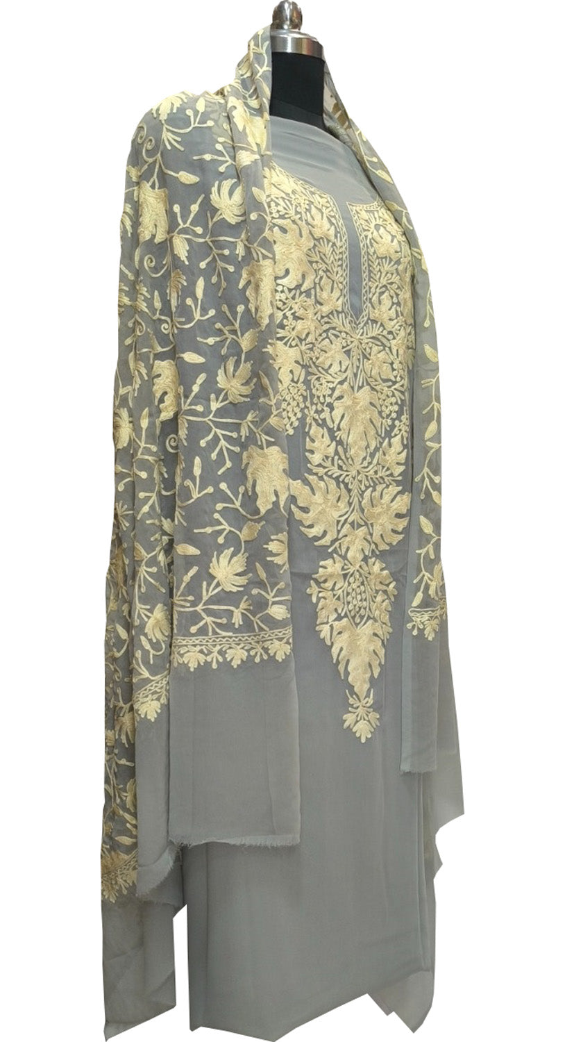 Elegant Grey Kashmiri Aari Work Georgette Three Piece Unstitched Suit Set - Luxurion World