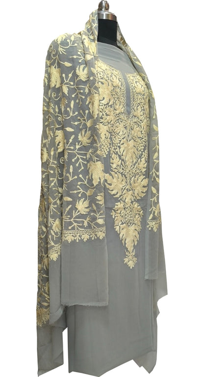 Elegant Grey Kashmiri Aari Work Georgette Three Piece Unstitched Suit Set - Luxurion World