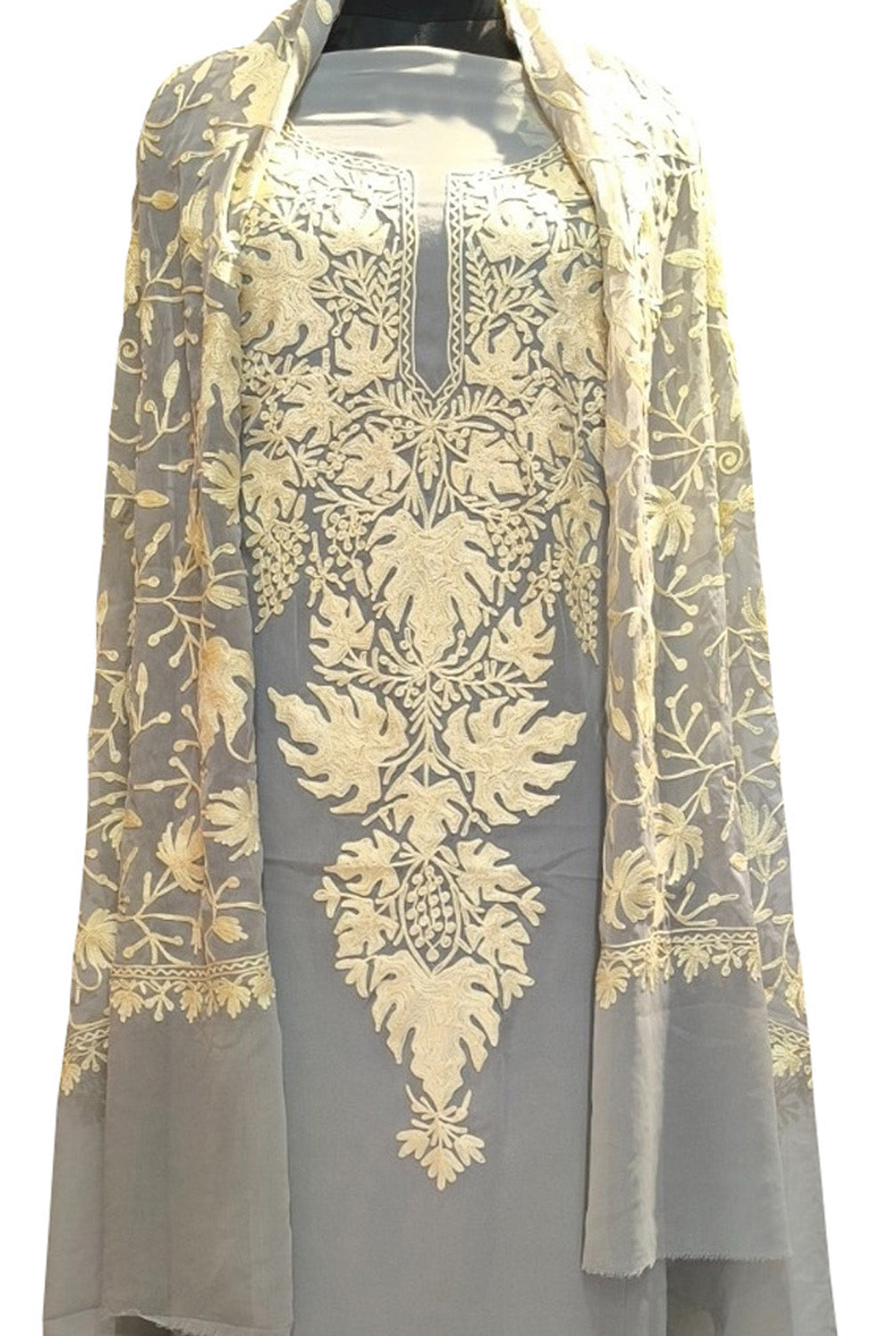Elegant Grey Kashmiri Aari Work Georgette Three Piece Unstitched Suit Set - Luxurion World