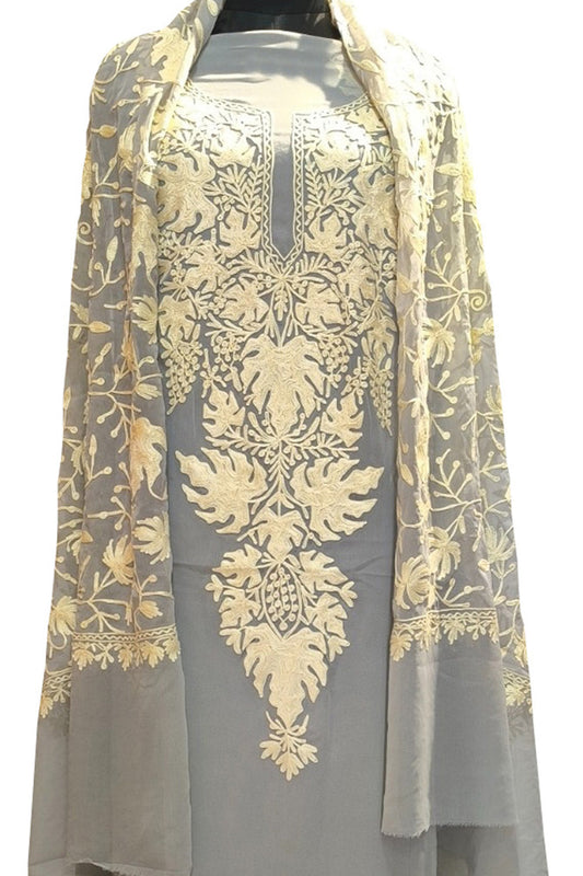 Elegant Grey Kashmiri Aari Work Georgette Three Piece Unstitched Suit Set - Luxurion World