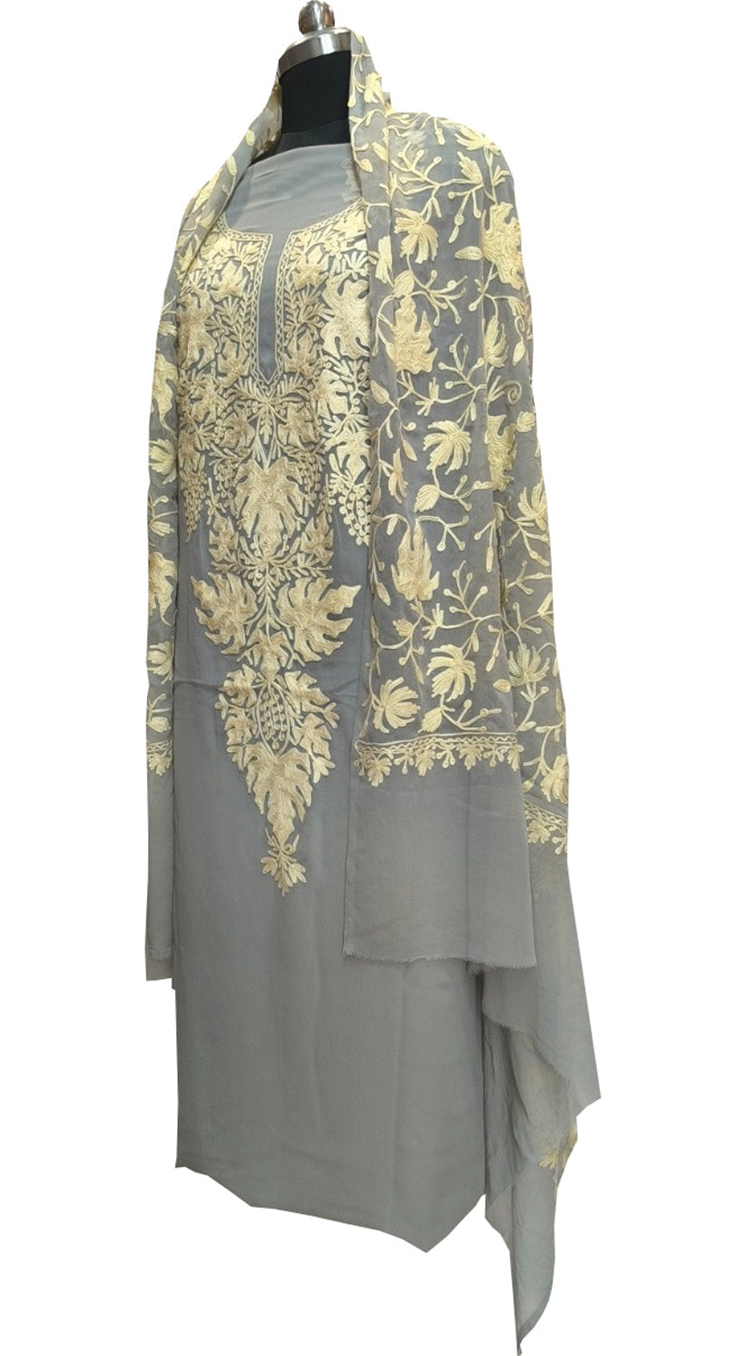 Elegant Grey Kashmiri Aari Work Georgette Three Piece Unstitched Suit Set - Luxurion World