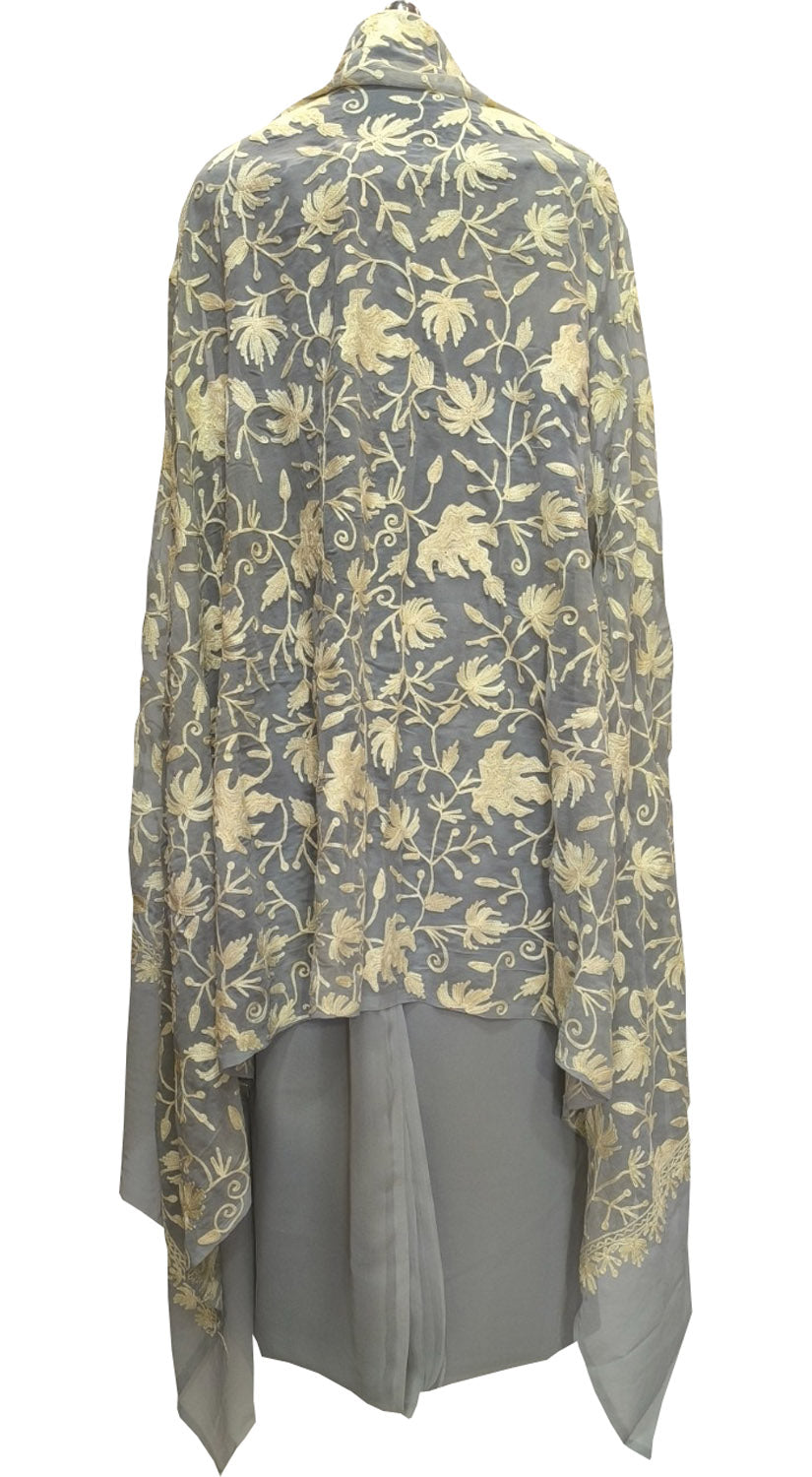 Elegant Grey Kashmiri Aari Work Georgette Three Piece Unstitched Suit Set - Luxurion World