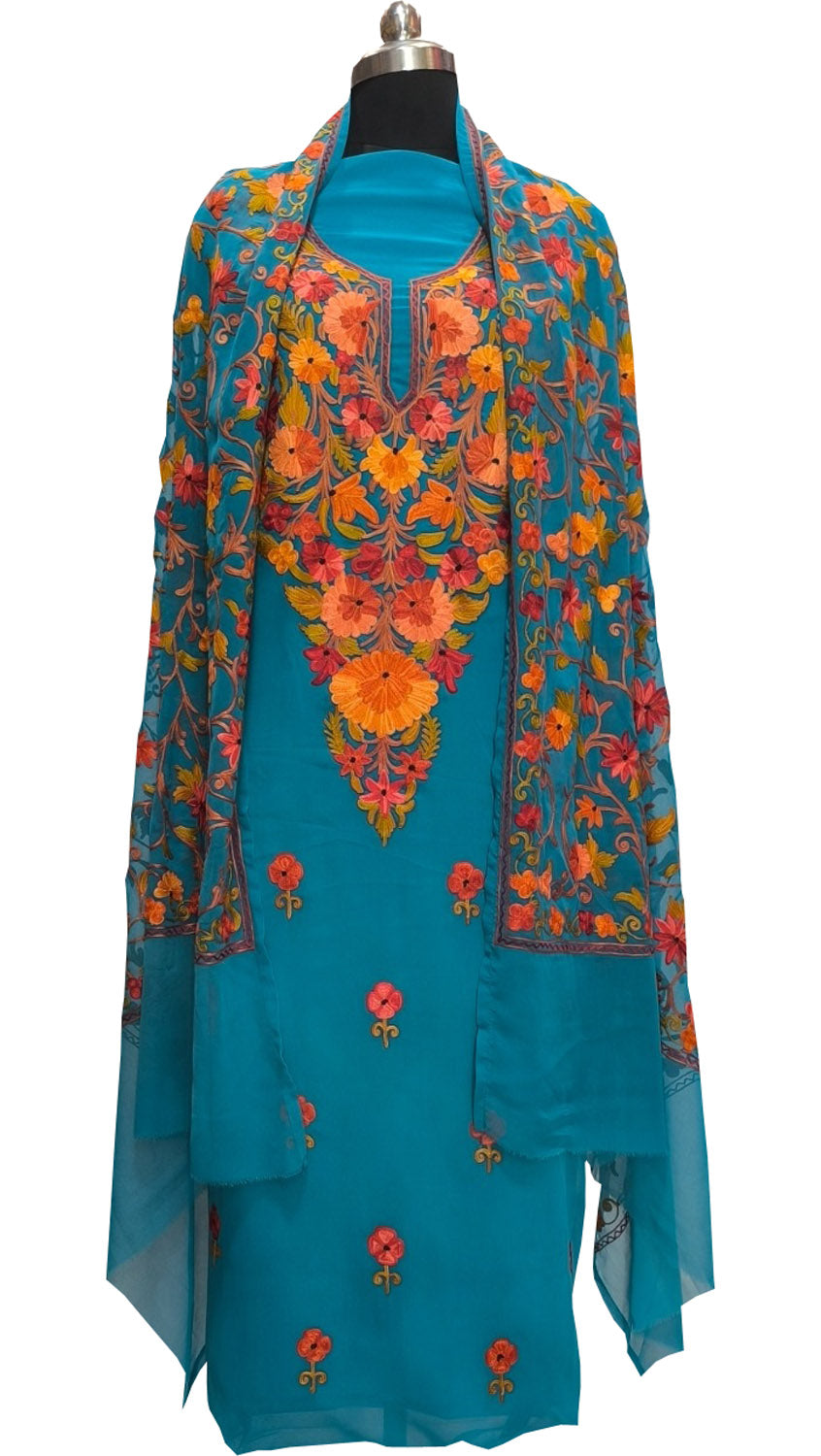 Elegant Blue Kashmiri Aari Work Georgette Three Piece Unstitched Suit Set - Luxurion World
