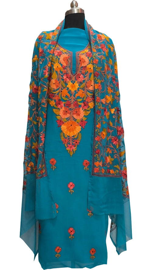 Elegant Blue Kashmiri Aari Work Georgette Three Piece Unstitched Suit Set - Luxurion World