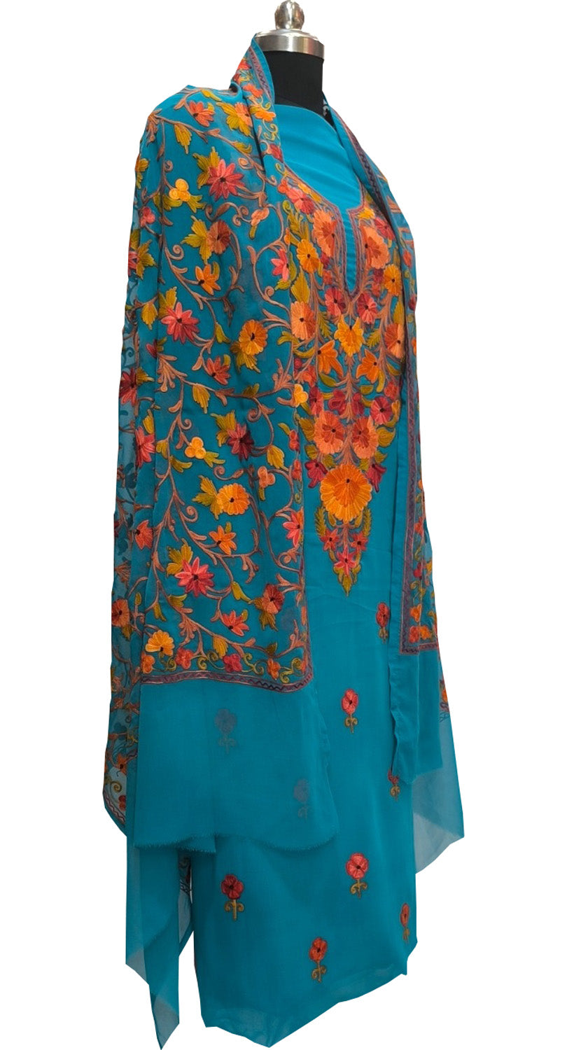 Elegant Blue Kashmiri Aari Work Georgette Three Piece Unstitched Suit Set - Luxurion World