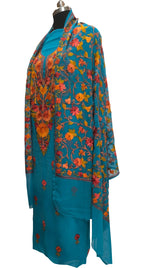 Elegant Blue Kashmiri Aari Work Georgette Three Piece Unstitched Suit Set - Luxurion World