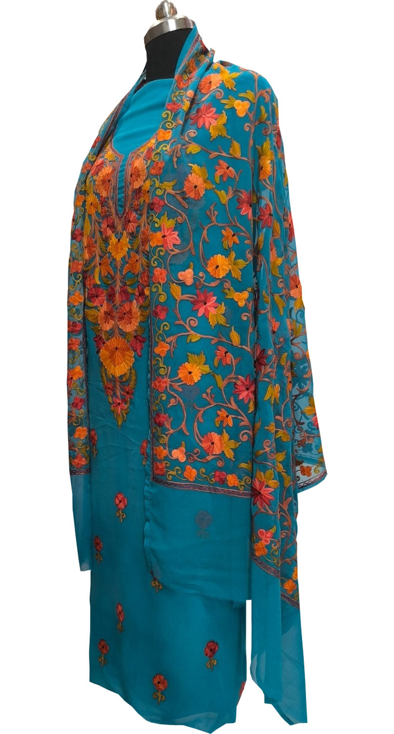 Elegant Blue Kashmiri Aari Work Georgette Three Piece Unstitched Suit Set - Luxurion World