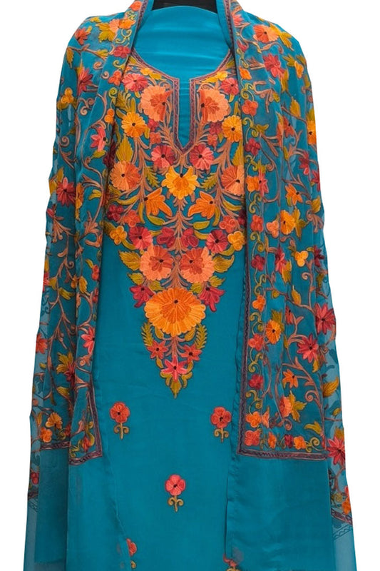 Elegant Blue Kashmiri Aari Work Georgette Three Piece Unstitched Suit Set - Luxurion World