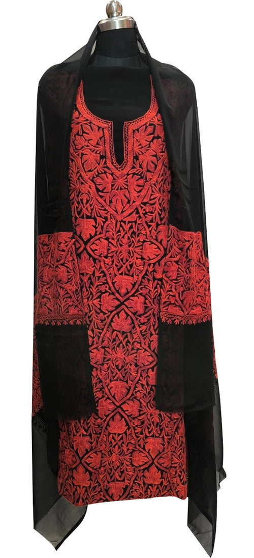 Elegant Black Kashmiri Aari Work Georgette Three Piece Unstitched Suit Set - Luxurion World
