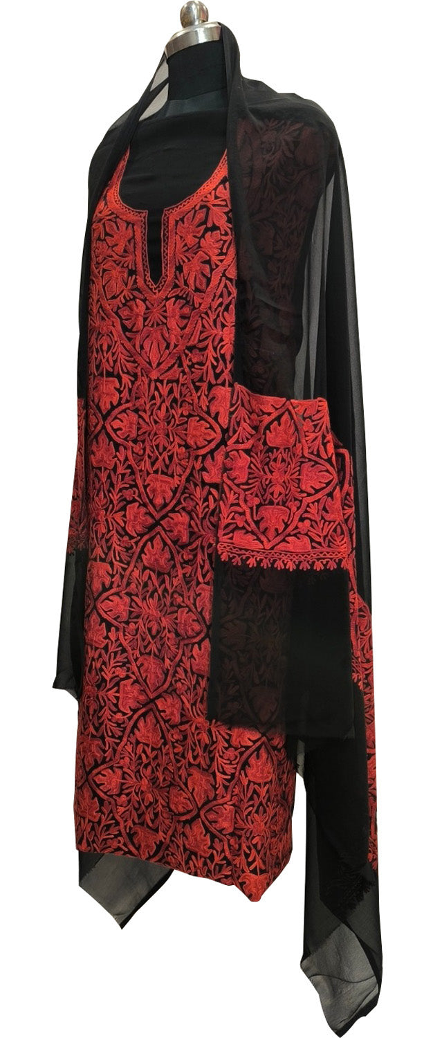 Elegant Black Kashmiri Aari Work Georgette Three Piece Unstitched Suit Set - Luxurion World