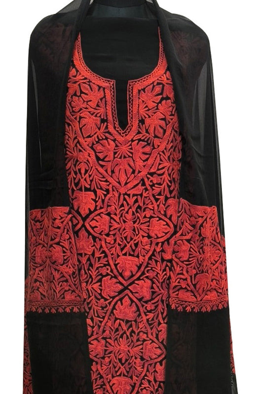 Elegant Black Kashmiri Aari Work Georgette Three Piece Unstitched Suit Set - Luxurion World