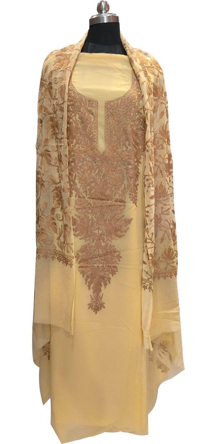 Pastel Kashmiri Aari Work Georgette Three Piece Unstitched Suit Set - Luxurion World