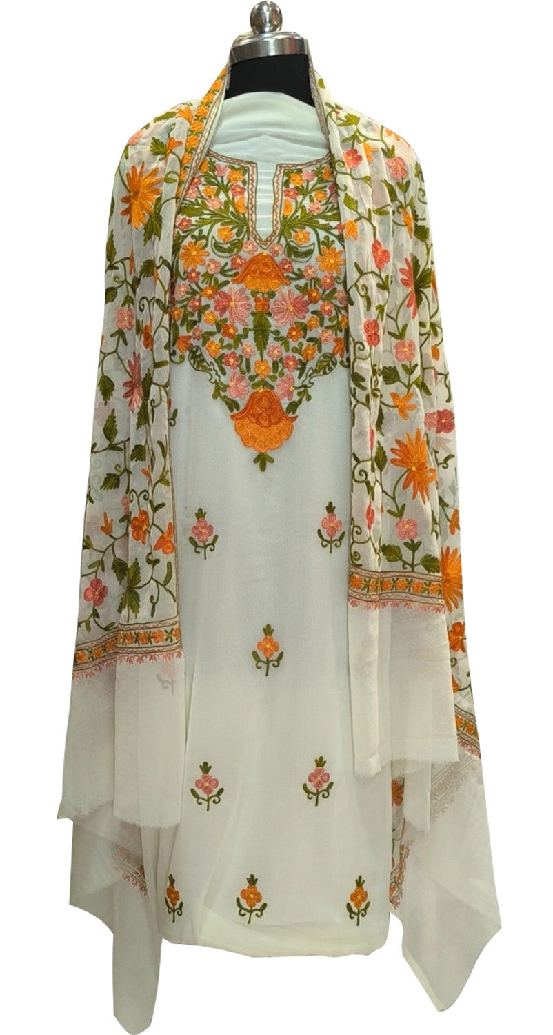 Elegant Off White Kashmiri Aari Work Georgette Three Piece Unstitched Suit Set - Luxurion World