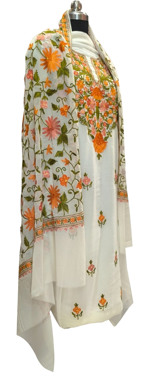 Elegant Off White Kashmiri Aari Work Georgette Three Piece Unstitched Suit Set - Luxurion World