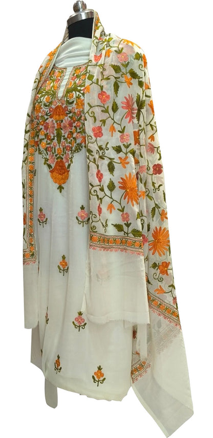 Elegant Off White Kashmiri Aari Work Georgette Three Piece Unstitched Suit Set - Luxurion World