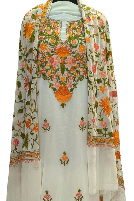 Elegant Off White Kashmiri Aari Work Georgette Three Piece Unstitched Suit Set - Luxurion World