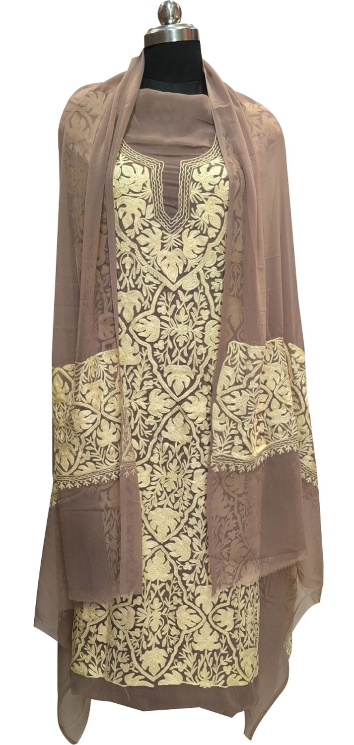 Pastel Kashmiri Aari Work Georgette Three Piece Unstitched Suit Set - Luxurion World