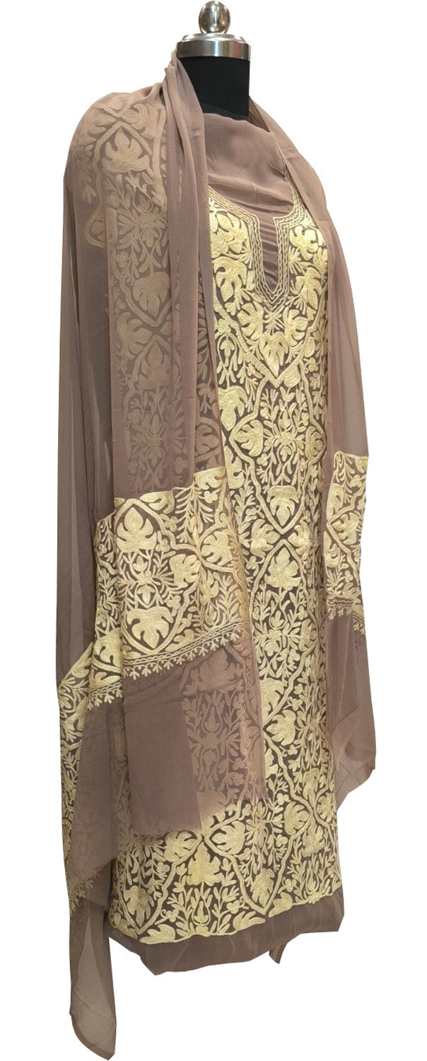 Pastel Kashmiri Aari Work Georgette Three Piece Unstitched Suit Set - Luxurion World